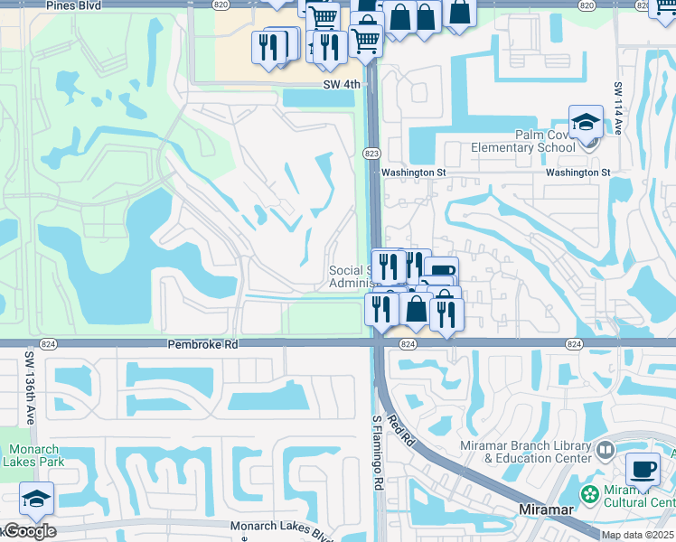 map of restaurants, bars, coffee shops, grocery stores, and more near 1410 Southwest 125th Avenue in Pembroke Pines
