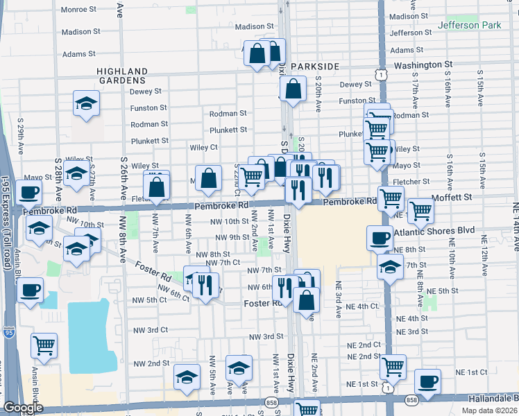map of restaurants, bars, coffee shops, grocery stores, and more near 1696 South 22nd Avenue in Hollywood