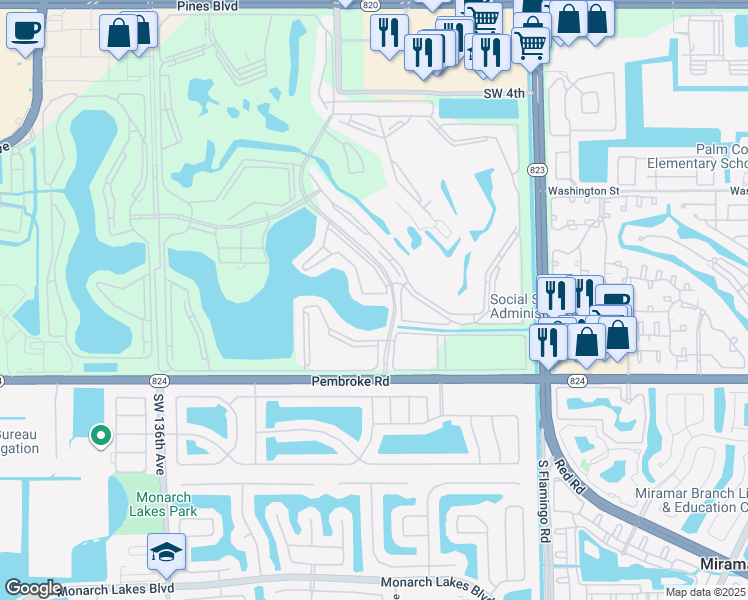 map of restaurants, bars, coffee shops, grocery stores, and more near 12900 Southwest 13th Street in Pembroke Pines