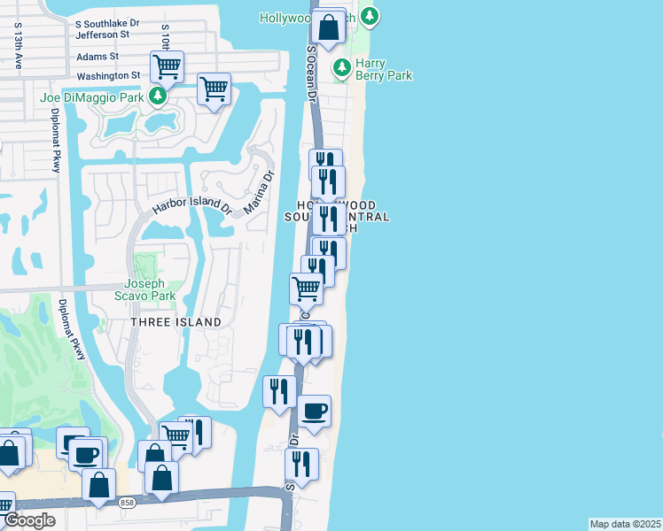 map of restaurants, bars, coffee shops, grocery stores, and more near 2501 South Ocean Drive in Hollywood
