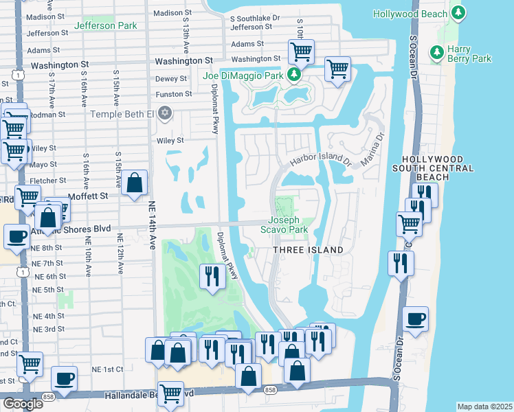 map of restaurants, bars, coffee shops, grocery stores, and more near 3 Islands Drive in Hallandale Beach