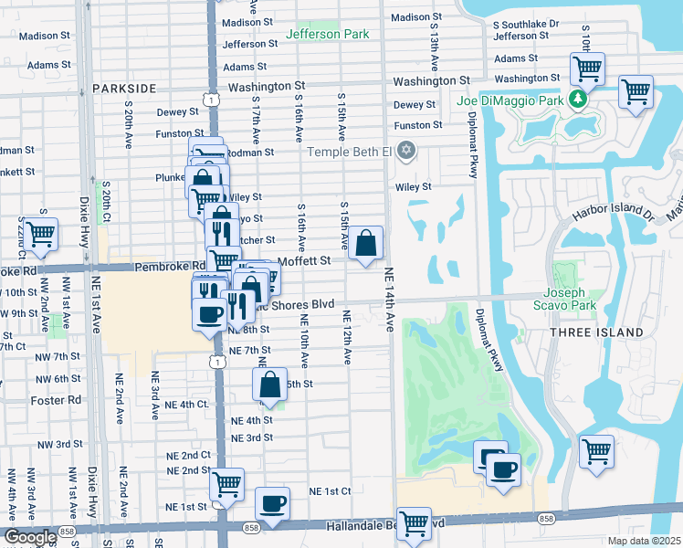 map of restaurants, bars, coffee shops, grocery stores, and more near 1100 Moffett Street in Hallandale Beach