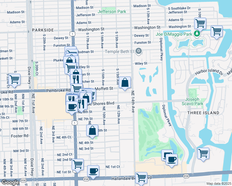 map of restaurants, bars, coffee shops, grocery stores, and more near 1100 Moffett Street in Hallandale Beach