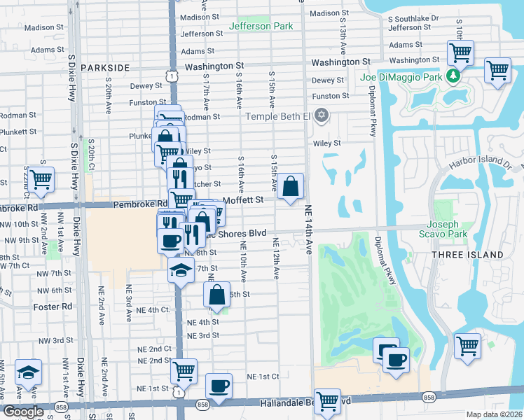 map of restaurants, bars, coffee shops, grocery stores, and more near 1100 Moffett Street in Hallandale Beach