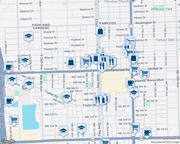 map of restaurants, bars, coffee shops, grocery stores, and more near 1020 Northwest 1st Avenue in Hallandale Beach
