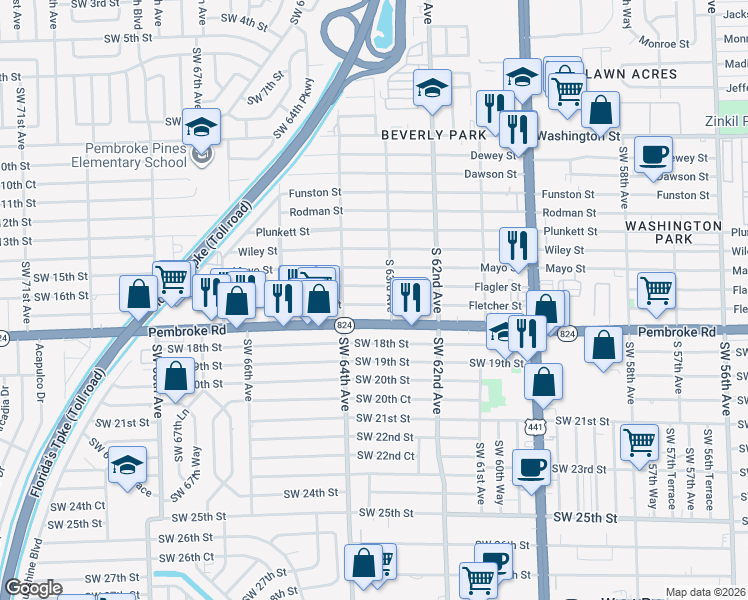 map of restaurants, bars, coffee shops, grocery stores, and more near 6318 Flagler Street in Hollywood