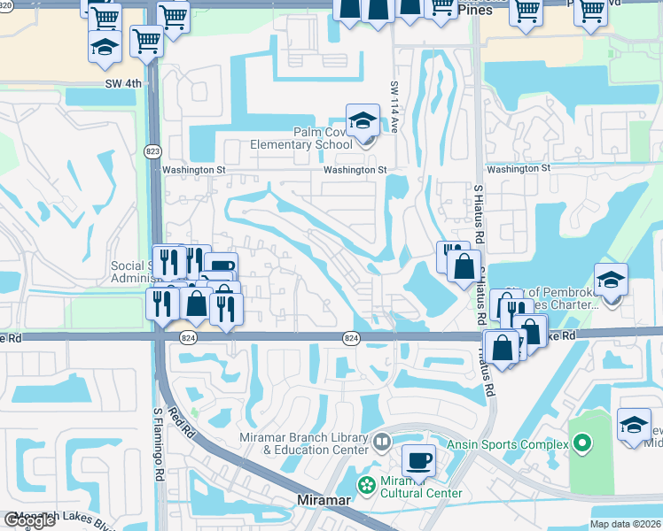 map of restaurants, bars, coffee shops, grocery stores, and more near 11652 Southwest 13th Court in Pembroke Pines