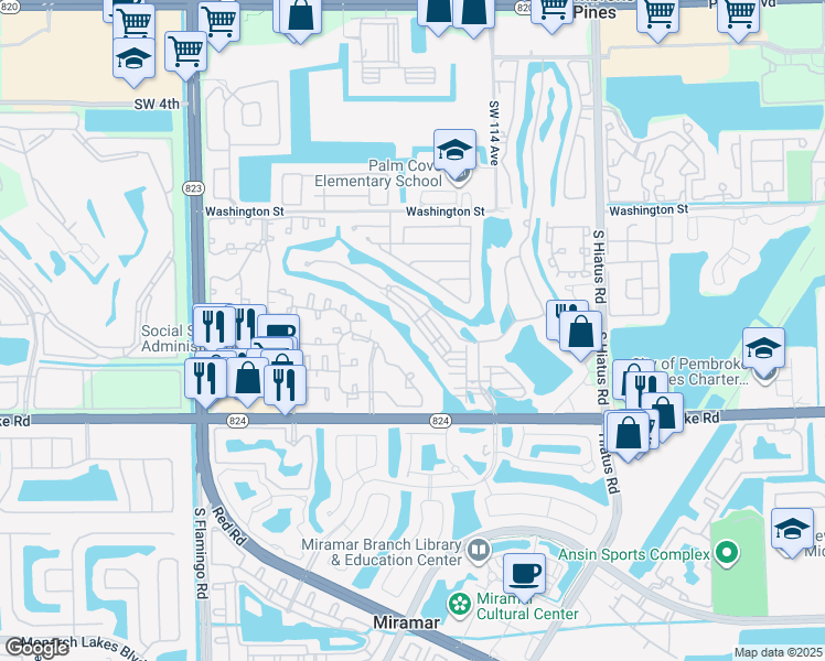 map of restaurants, bars, coffee shops, grocery stores, and more near 11716 Southwest 13th Lane in Pembroke Pines