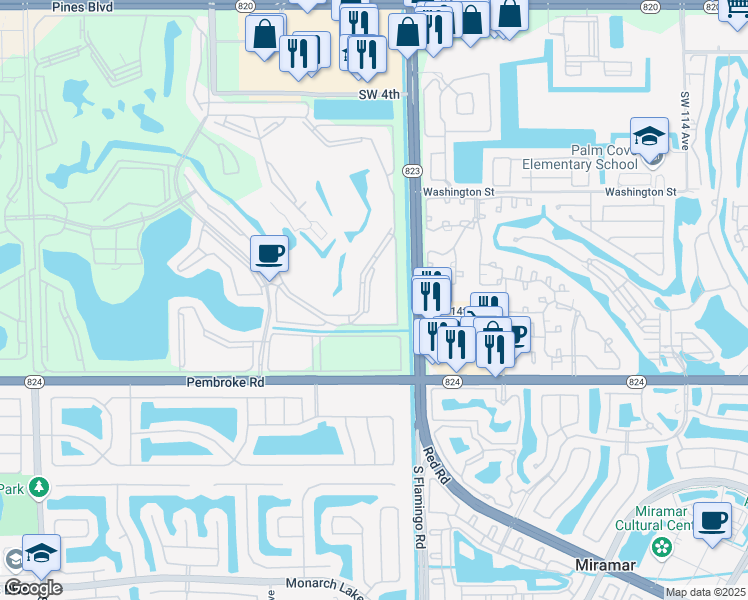 map of restaurants, bars, coffee shops, grocery stores, and more near 1410 Southwest 125th Avenue in Pembroke Pines