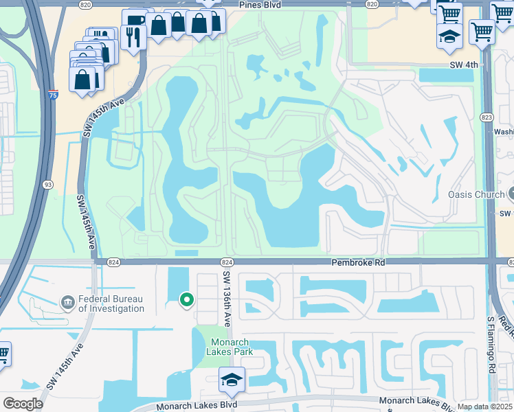 map of restaurants, bars, coffee shops, grocery stores, and more near 1301 Southwest 134th Way in Pembroke Pines