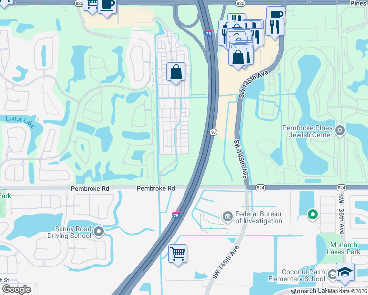 map of restaurants, bars, coffee shops, grocery stores, and more near 14607 Southwest 15th Street in Pembroke Pines