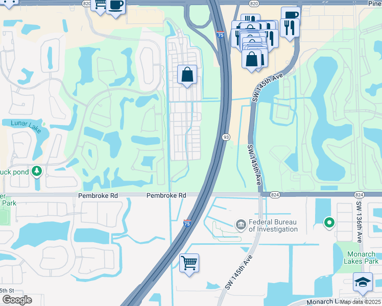 map of restaurants, bars, coffee shops, grocery stores, and more near 14607 Southwest 15th Street in Pembroke Pines