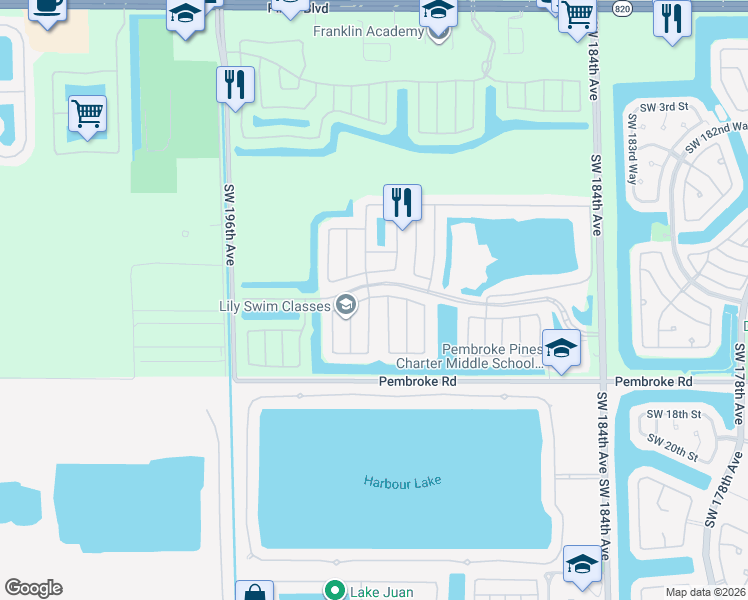 map of restaurants, bars, coffee shops, grocery stores, and more near 19001 Southwest 15th Street in Pembroke Pines