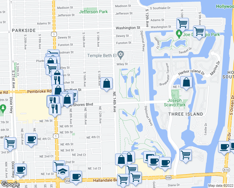 map of restaurants, bars, coffee shops, grocery stores, and more near 950 Northeast 14th Avenue in Hallandale Beach