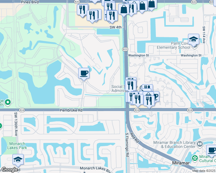 map of restaurants, bars, coffee shops, grocery stores, and more near 1300 Southwest 125th Avenue in Pembroke Pines