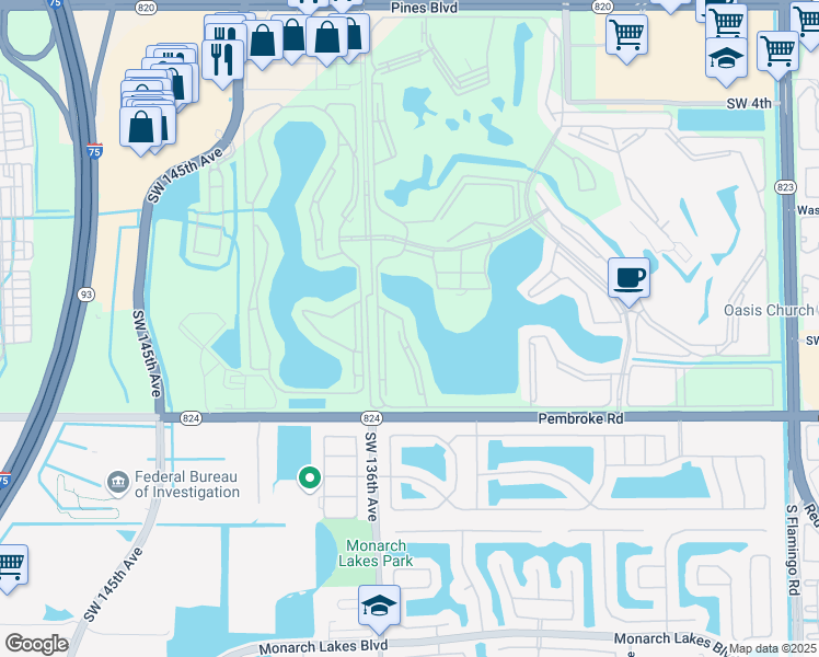 map of restaurants, bars, coffee shops, grocery stores, and more near 1301 Southwest 134th Way in Pembroke Pines