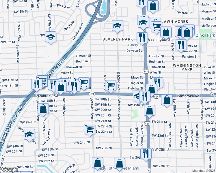 map of restaurants, bars, coffee shops, grocery stores, and more near 6230 Flagler Street in Hollywood