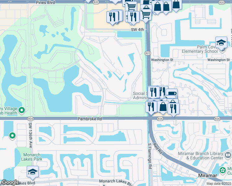 map of restaurants, bars, coffee shops, grocery stores, and more near 12701 Southwest 13th Street in Pembroke Pines