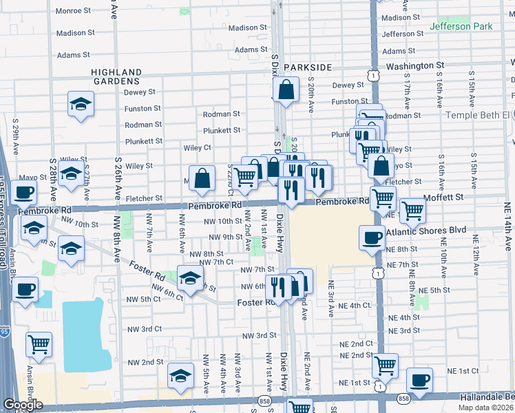map of restaurants, bars, coffee shops, grocery stores, and more near 1020 Northwest 1st Avenue in Hallandale Beach