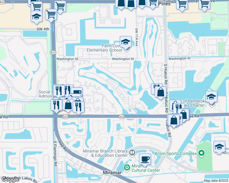 map of restaurants, bars, coffee shops, grocery stores, and more near 11652 Southwest 13th Court in Pembroke Pines