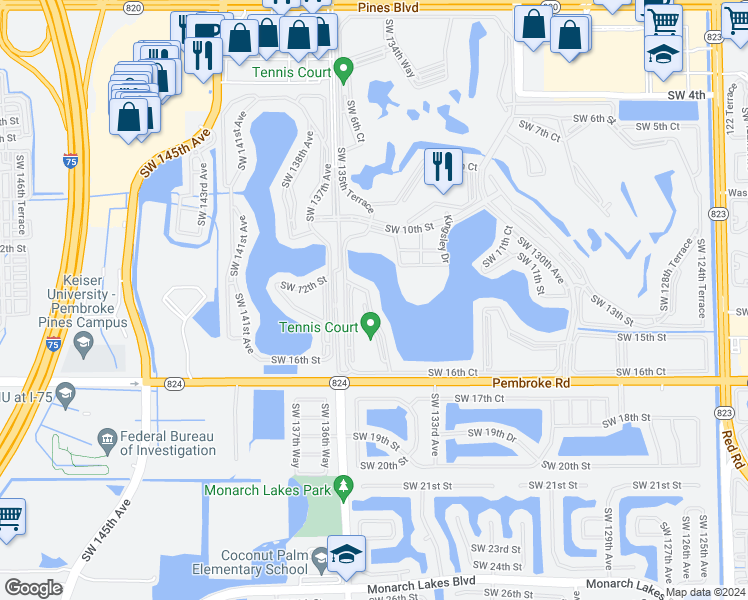 map of restaurants, bars, coffee shops, grocery stores, and more near 1301 Southwest 134th Way in Pembroke Pines