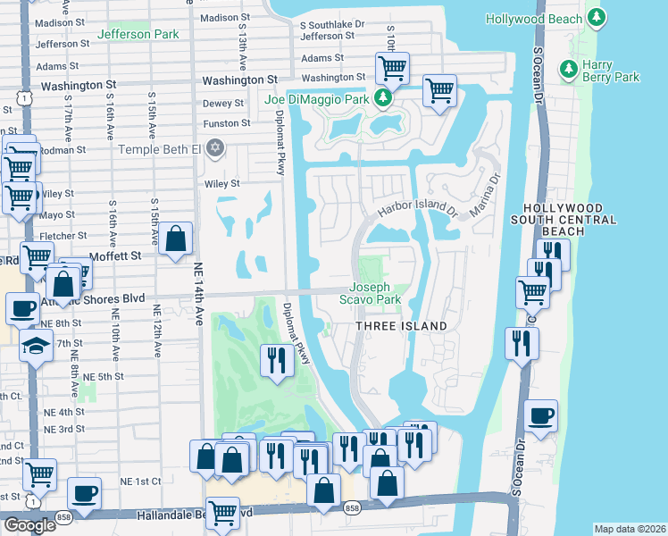 map of restaurants, bars, coffee shops, grocery stores, and more near 3 Islands Drive in Hallandale Beach