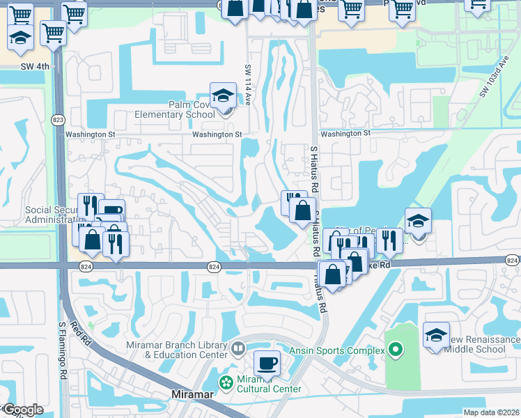 map of restaurants, bars, coffee shops, grocery stores, and more near 11336 Southwest 12th Street in Pembroke Pines