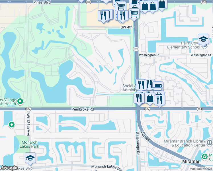 map of restaurants, bars, coffee shops, grocery stores, and more near 12701 Southwest 13th Street in Pembroke Pines