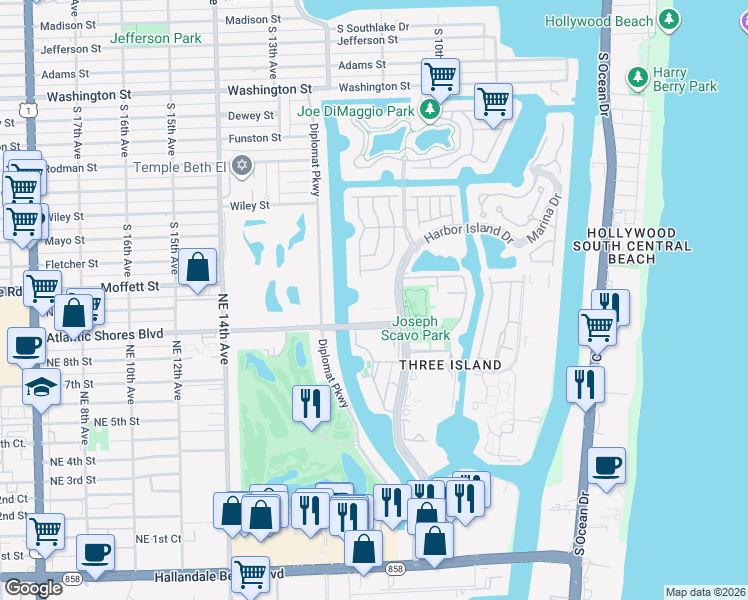 map of restaurants, bars, coffee shops, grocery stores, and more near 3 Islands Drive in Hallandale Beach