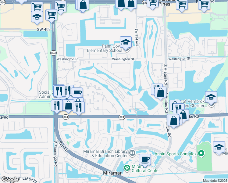 map of restaurants, bars, coffee shops, grocery stores, and more near 11716 Southwest 13th Lane in Pembroke Pines