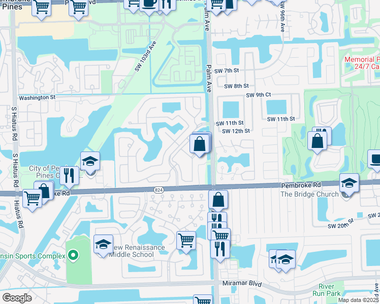 map of restaurants, bars, coffee shops, grocery stores, and more near 10115 Southwest 13th Street in Pembroke Pines