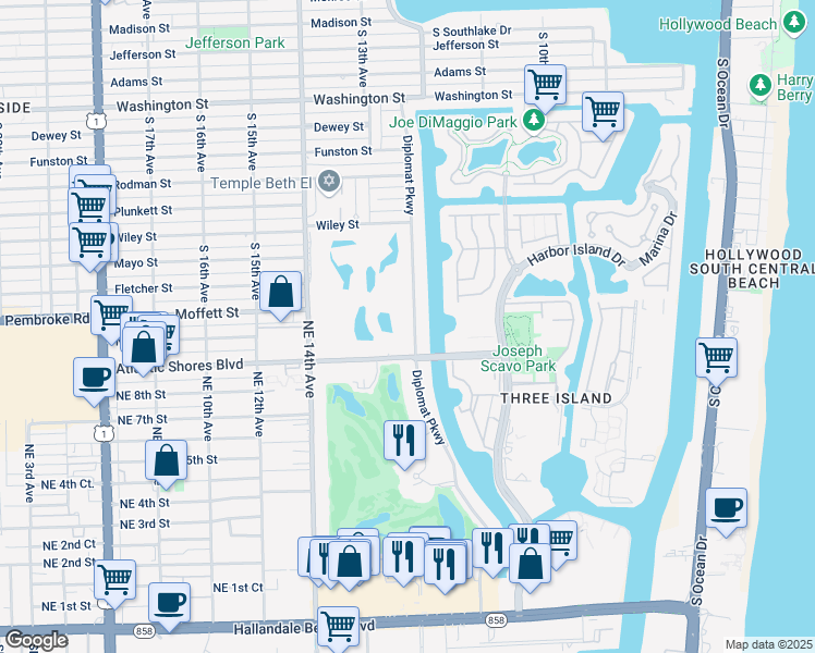 map of restaurants, bars, coffee shops, grocery stores, and more near 922 Diplomat Parkway in Hallandale Beach
