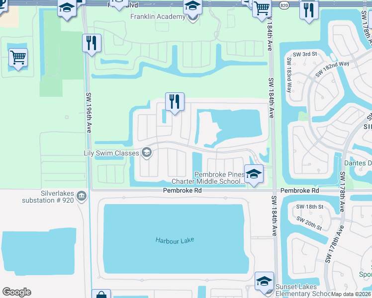 map of restaurants, bars, coffee shops, grocery stores, and more near 18901 Southwest 15th Street in Pembroke Pines
