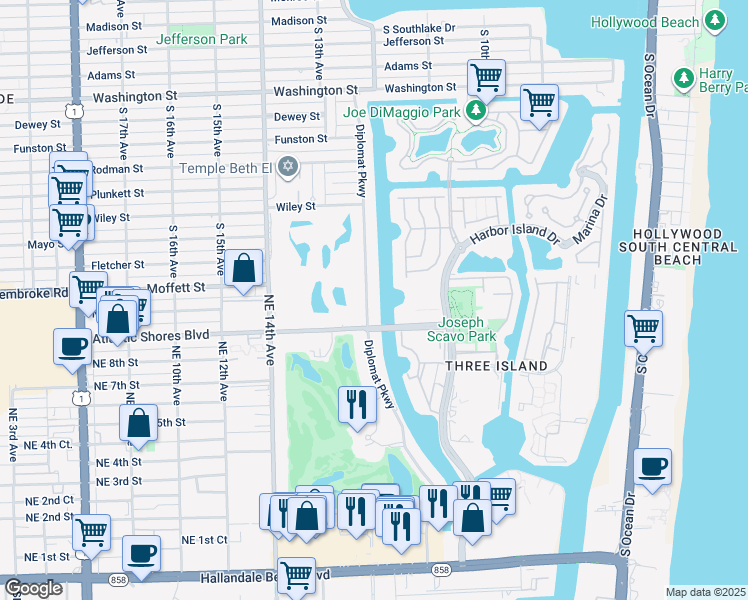 map of restaurants, bars, coffee shops, grocery stores, and more near 922 Diplomat Parkway in Hallandale Beach