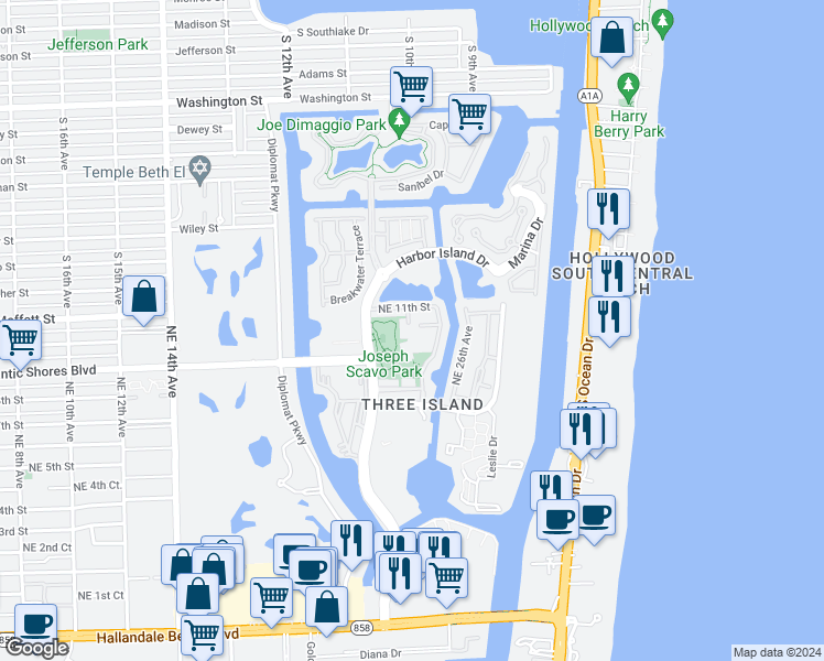 map of restaurants, bars, coffee shops, grocery stores, and more near 932 Northeast 24th Avenue in Hallandale Beach