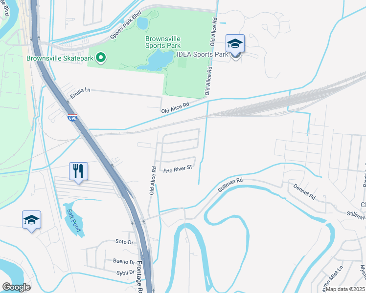 map of restaurants, bars, coffee shops, grocery stores, and more near 6053 Blanco River Street in Brownsville