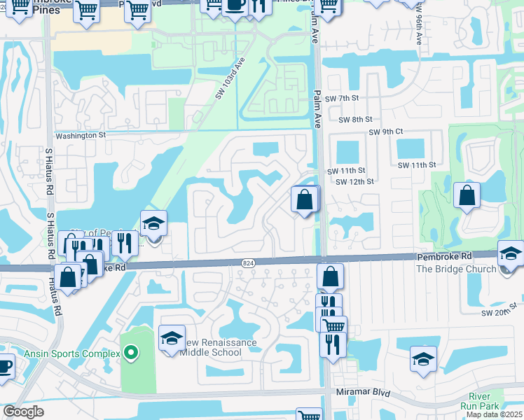 map of restaurants, bars, coffee shops, grocery stores, and more near 1331 Southwest 102nd Avenue in Pembroke Pines