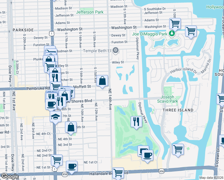 map of restaurants, bars, coffee shops, grocery stores, and more near 950 Northeast 14th Avenue in Hallandale Beach