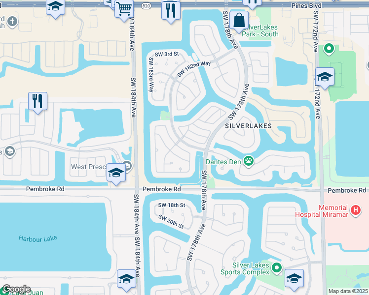 map of restaurants, bars, coffee shops, grocery stores, and more near 17881 Southwest 12th Court in Pembroke Pines