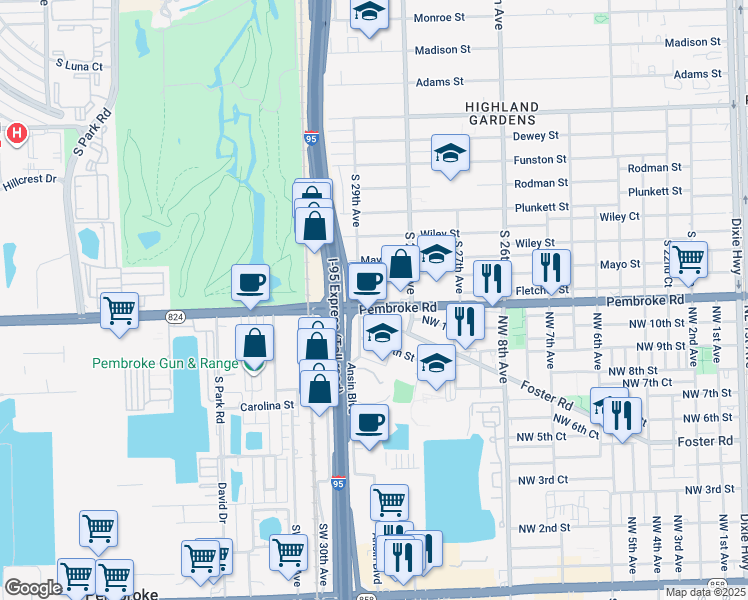map of restaurants, bars, coffee shops, grocery stores, and more near 2829 State Highway 824 in Hallandale Beach