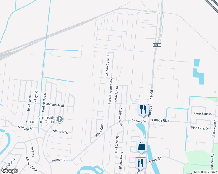 map of restaurants, bars, coffee shops, grocery stores, and more near 6705 Garden Woods Avenue in Brownsville