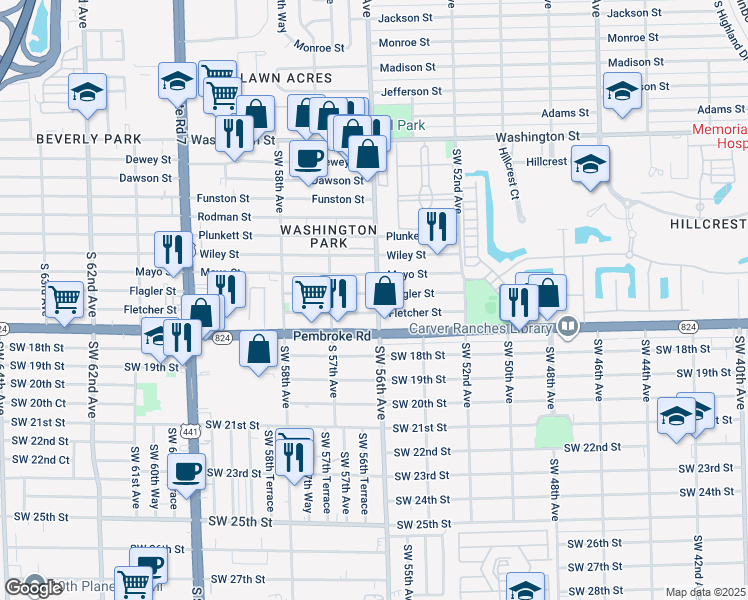 map of restaurants, bars, coffee shops, grocery stores, and more near 5600 Flagler Street in Hollywood