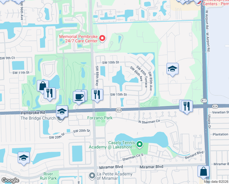 map of restaurants, bars, coffee shops, grocery stores, and more near 1440 Southwest 87th Terrace in Pembroke Pines