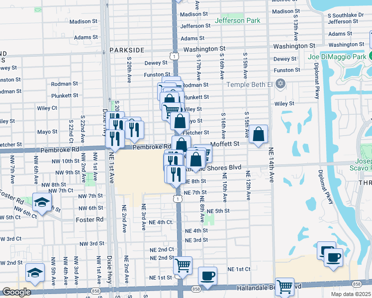 map of restaurants, bars, coffee shops, grocery stores, and more near 616 Moffett Street in Hallandale Beach