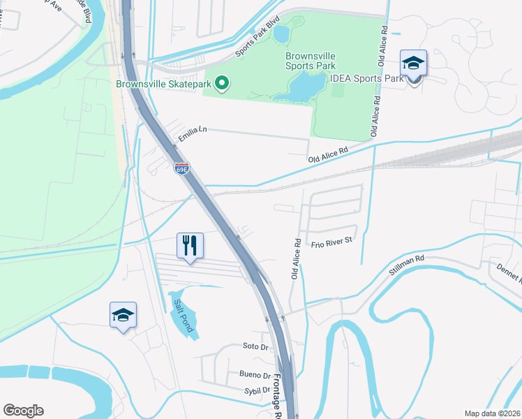 map of restaurants, bars, coffee shops, grocery stores, and more near 6376 North Expressway in Brownsville
