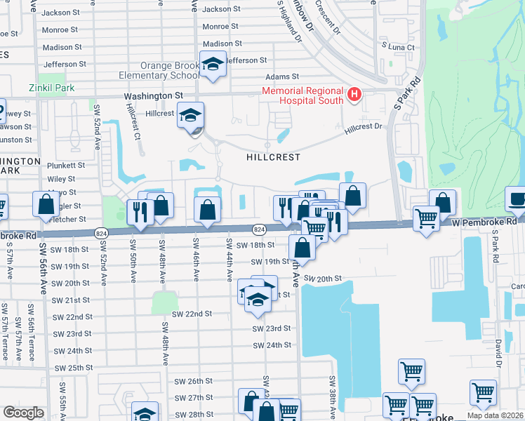 map of restaurants, bars, coffee shops, grocery stores, and more near 3500 Pembroke Road in Hollywood