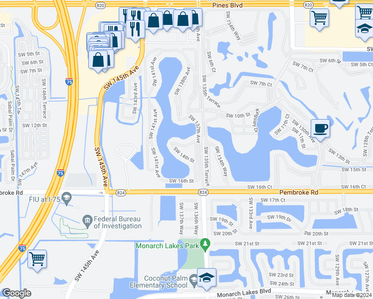 map of restaurants, bars, coffee shops, grocery stores, and more near 13702 Southwest 12th Street in Pembroke Pines