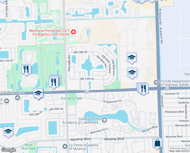 map of restaurants, bars, coffee shops, grocery stores, and more near 8670 Southwest 14th Court in Pembroke Pines