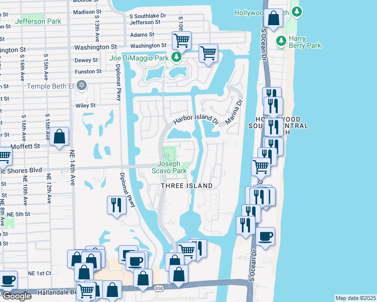 map of restaurants, bars, coffee shops, grocery stores, and more near 947 Northeast 24th Avenue in Hallandale Beach