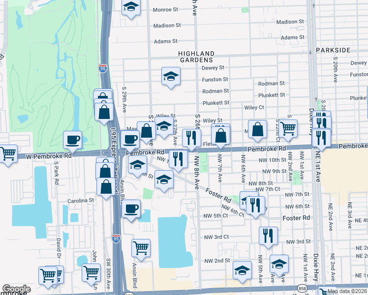 map of restaurants, bars, coffee shops, grocery stores, and more near 2640 Fletcher Street in Hollywood
